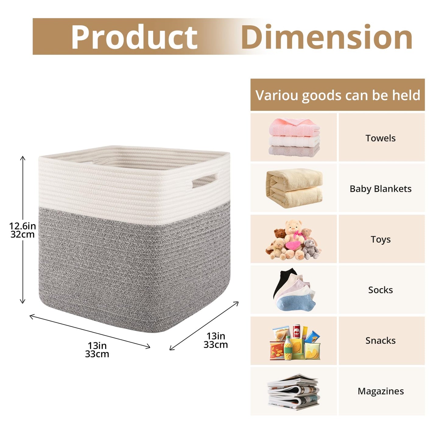OIAHOMY - Cestas tejidas de cuerda de algodón para organizar 3 unidades de 13 x 13 x 12.6 pulgadas, cestas rectangulares de almacenamiento para ropa, cestas de almacenamiento para niños, sala de