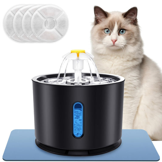 Fuente de agua para gatos Parner, 2,4 l de acero inoxidable automático para mascotas, dispensador de agua con bomba inteligente e indicador LED para alerta de escasez de agua, fuente de agua para gatos y perros con 4 filtros de repuesto y alfombrilla de s