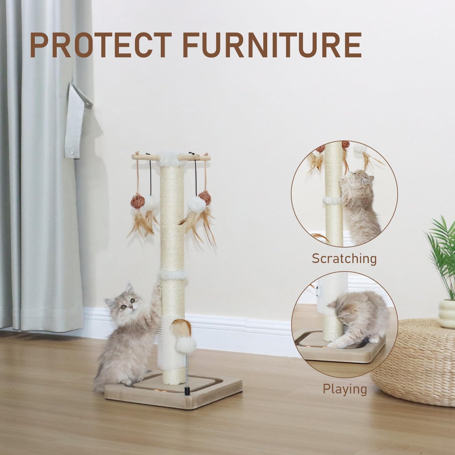 Poste Rascador para Gatos PEEKAB Beige con Bola de Pista y Juguetes para Gatitos de Interior