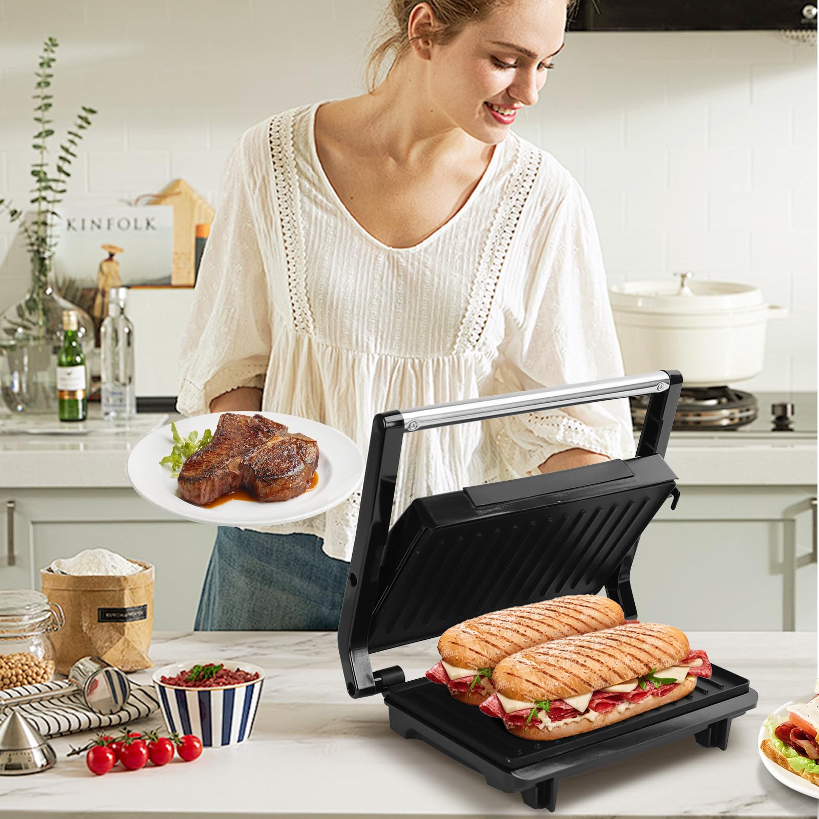 Aigostar Sandwichera Electrica, prensa de panini de doble cara, 750W, Recubrimiento Antiadherente, Con luz indicadora y fácil de limpiar.