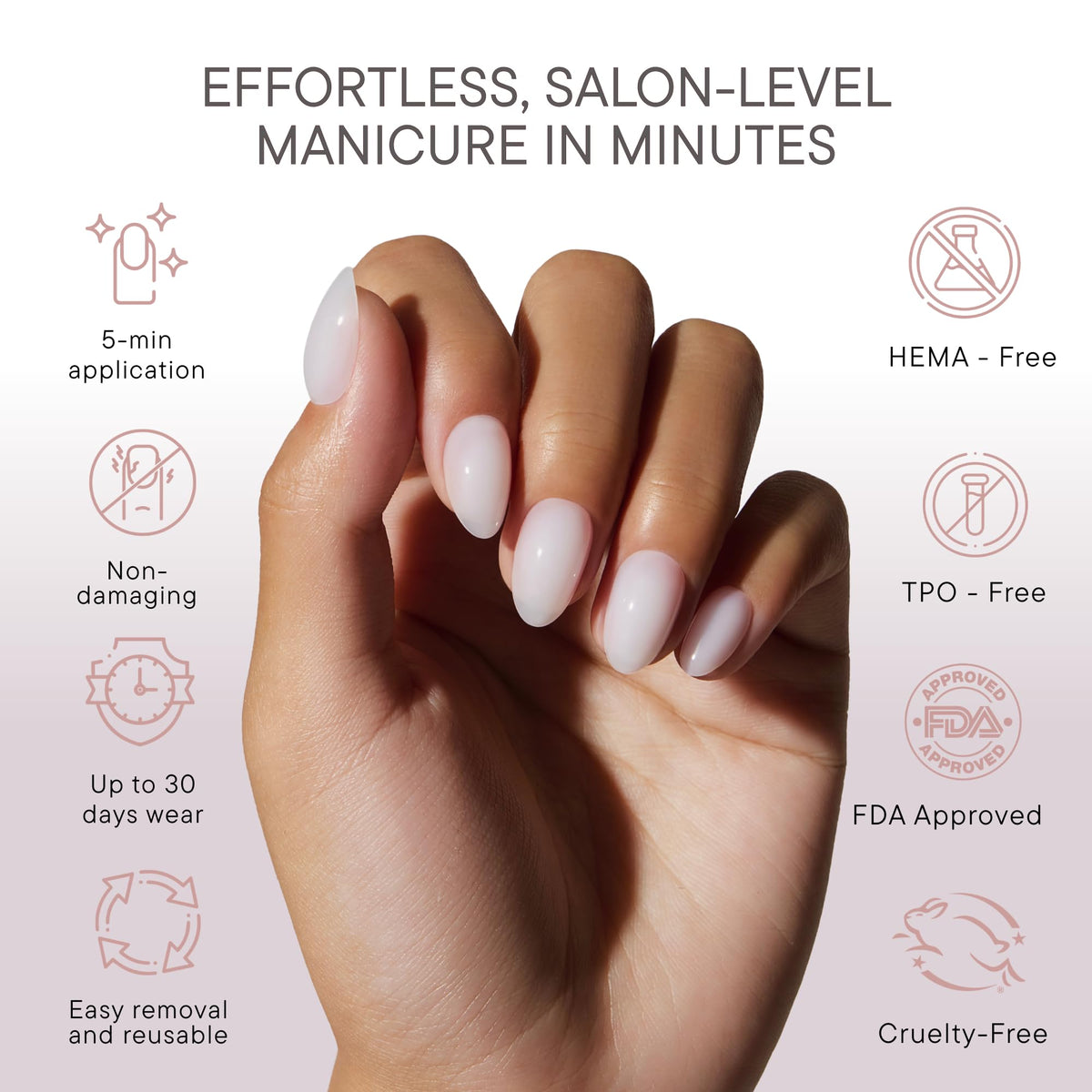 Celebritips Uñas Postizas - Salon U-Ltimate | Sheer Milk, Uñas Almendradas Extra Cortas, Reutilizables | 16 Tamaños - Kit de 32 Uñas con Pegamento Y Pestañas Adhesivas