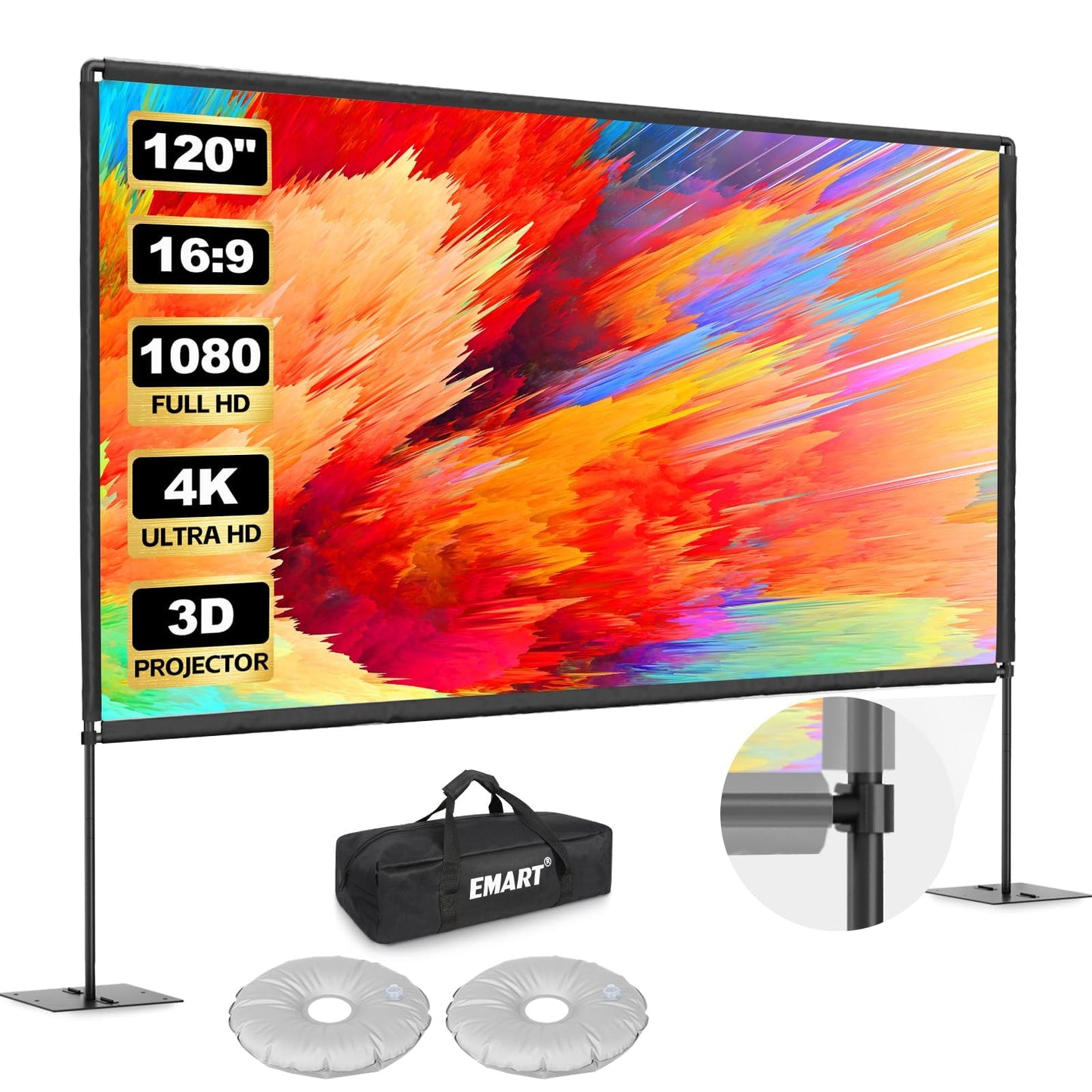 EMART Pantalla Proyector 4K Plegable 120 Pulg 16:9 con Soporte Y Bolsa