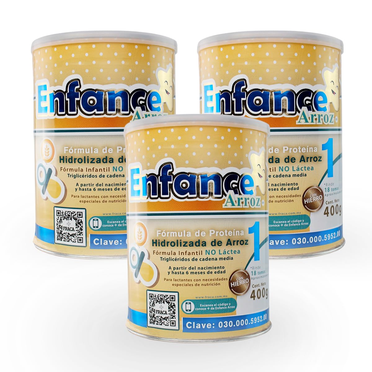 Fraca | Enface Arroz 1 | Fórmula infantil de proteína procesada de arroz | Libre de lactosa | Enriquecida con hierro |Desde 0 a 6 meses| Pack 3 latas 400g c/u
