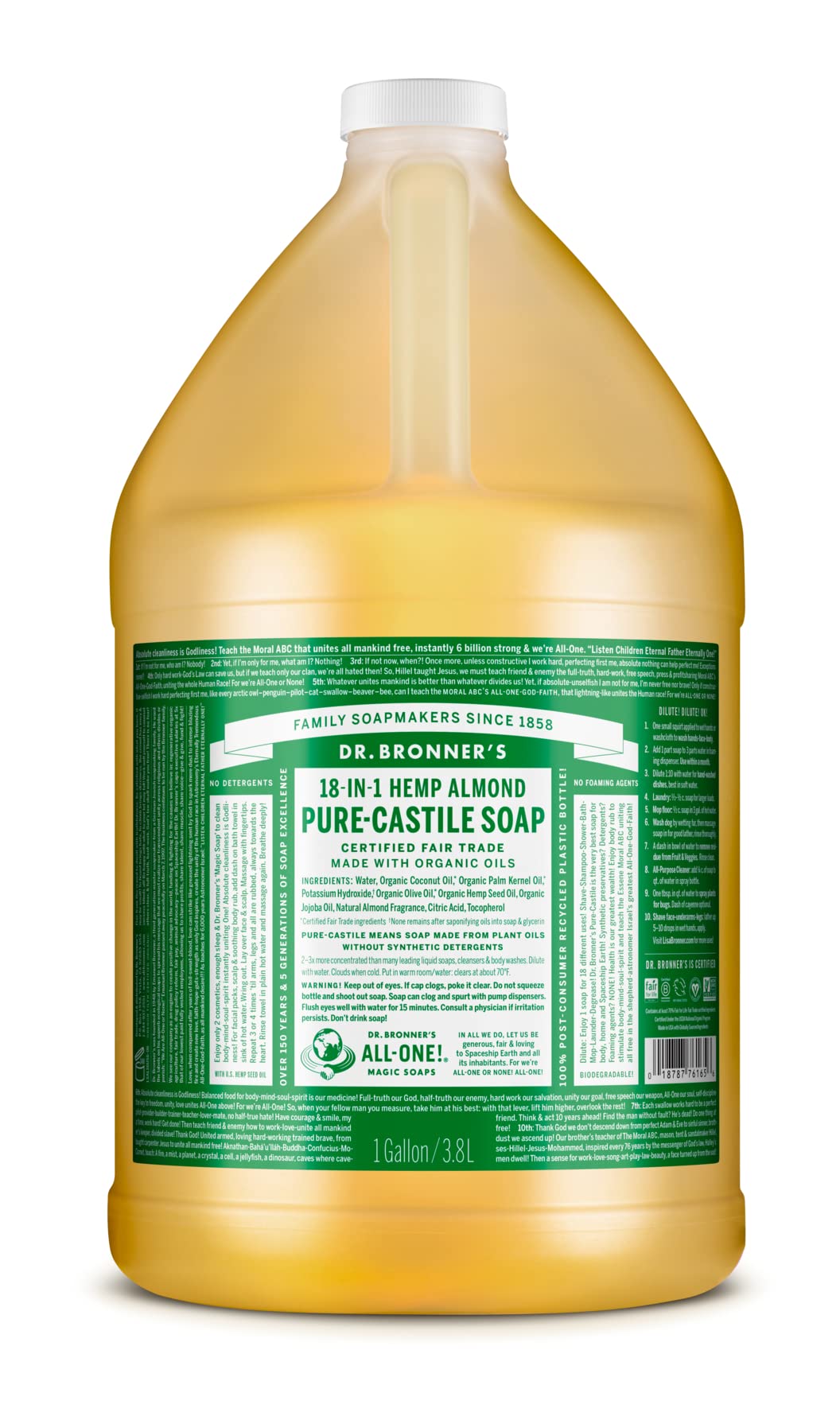 Dr. Bronner's | Jabón de castilla orgánico líquido multiusos, fórmula concentrada, nutrición suave y piel hidratada, con aceite esencial natural, aroma Almendra (3.8 L)