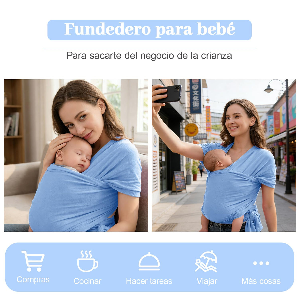 Niños Portador, 1 Pieza ajustable Niños Portador, Fular Elástico para Bebé y Recién Nacido Ergonómico, Hasta 10Kg (Azul claro)