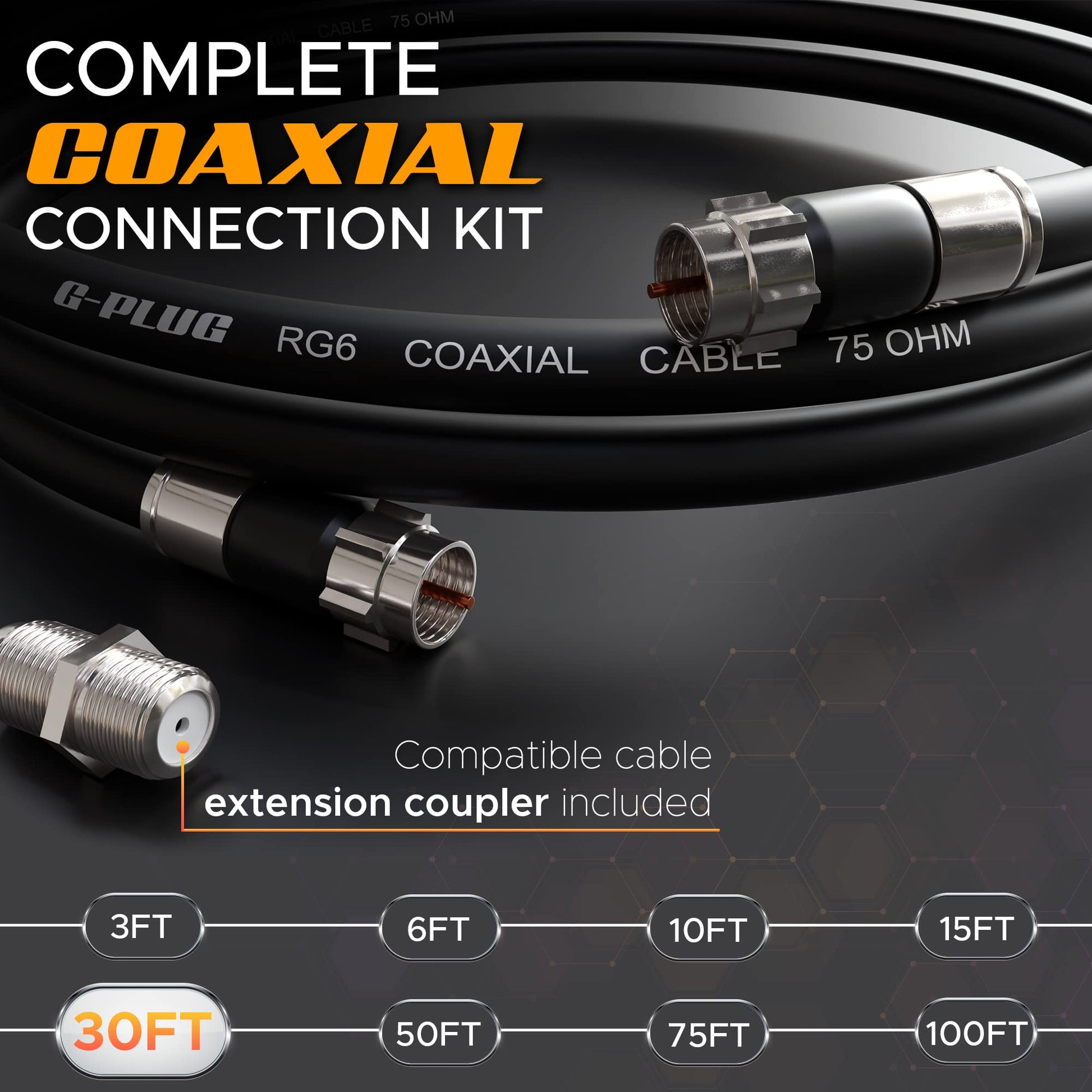 G-PLUG Cable Coaxial RG6 75 Ohm, Triple Blindaje, Conectores F Tipo Macho a Macho, Cable Antena TV, Satelital e Internet Banda Ancha, Incluye Acoplador F81, Negro