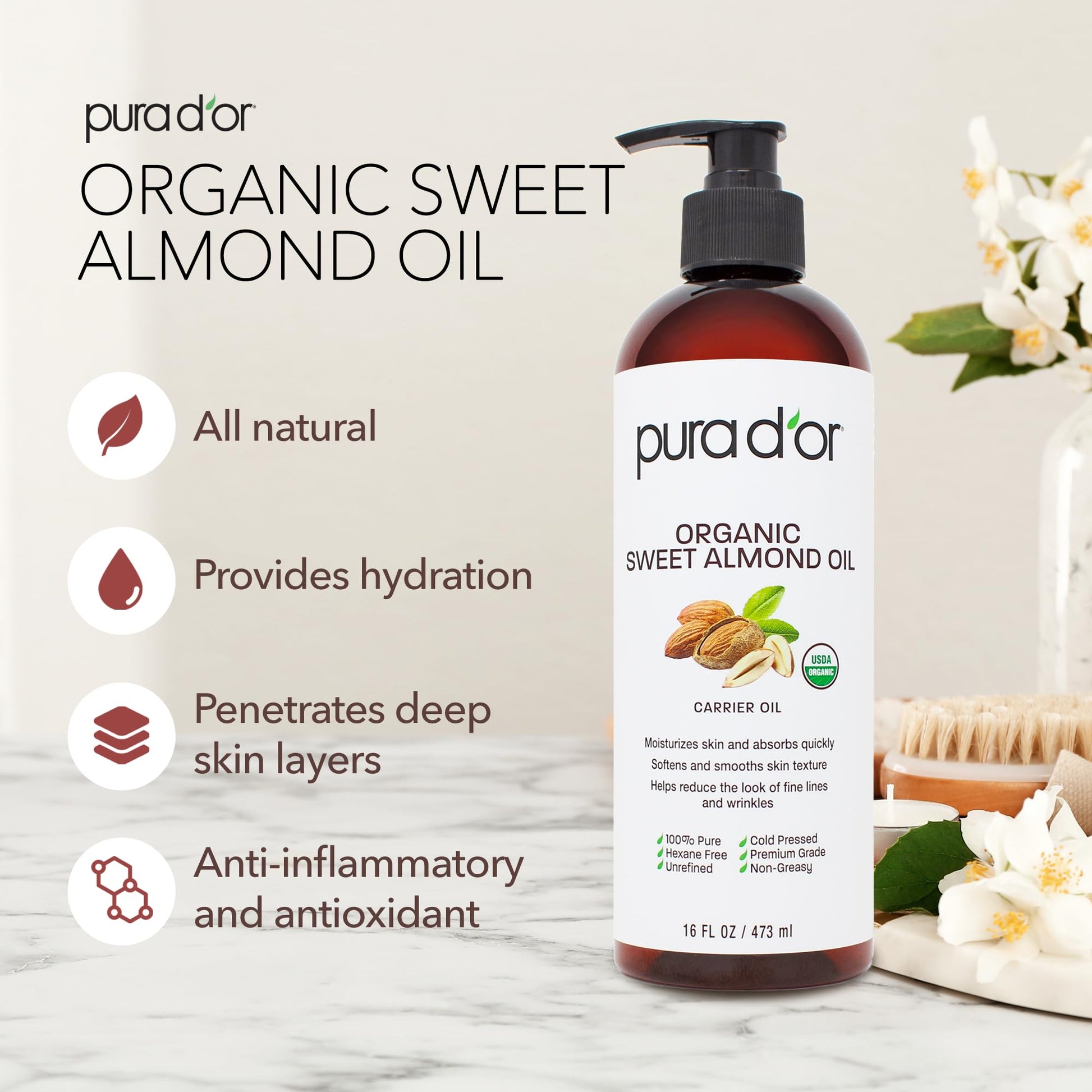 PURA D'OR Organic Sweet Almond Oil (16oz) USDA Certified 100% Pure & Natural Carrier Oil - Hexane Free - Skin & Face - Facial Polish, Full Body, Massages, DIY Base (Packaging may vary)