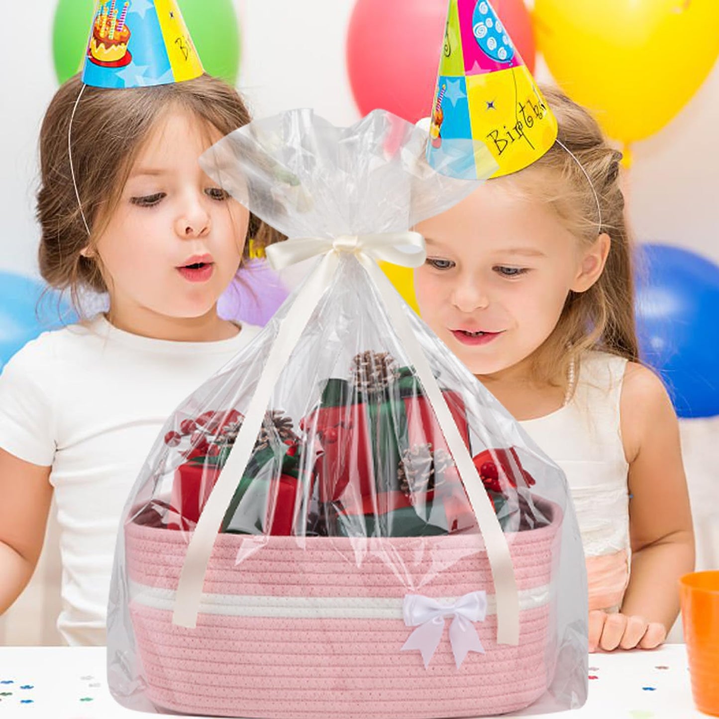OIAHOMY - Cesta de almacenamiento tejida grande con asas para guardería, estantes de sala de estar, cesta de lazo para regalos vacía con bolsas de regalo y cintas para baby shower, contenedor de