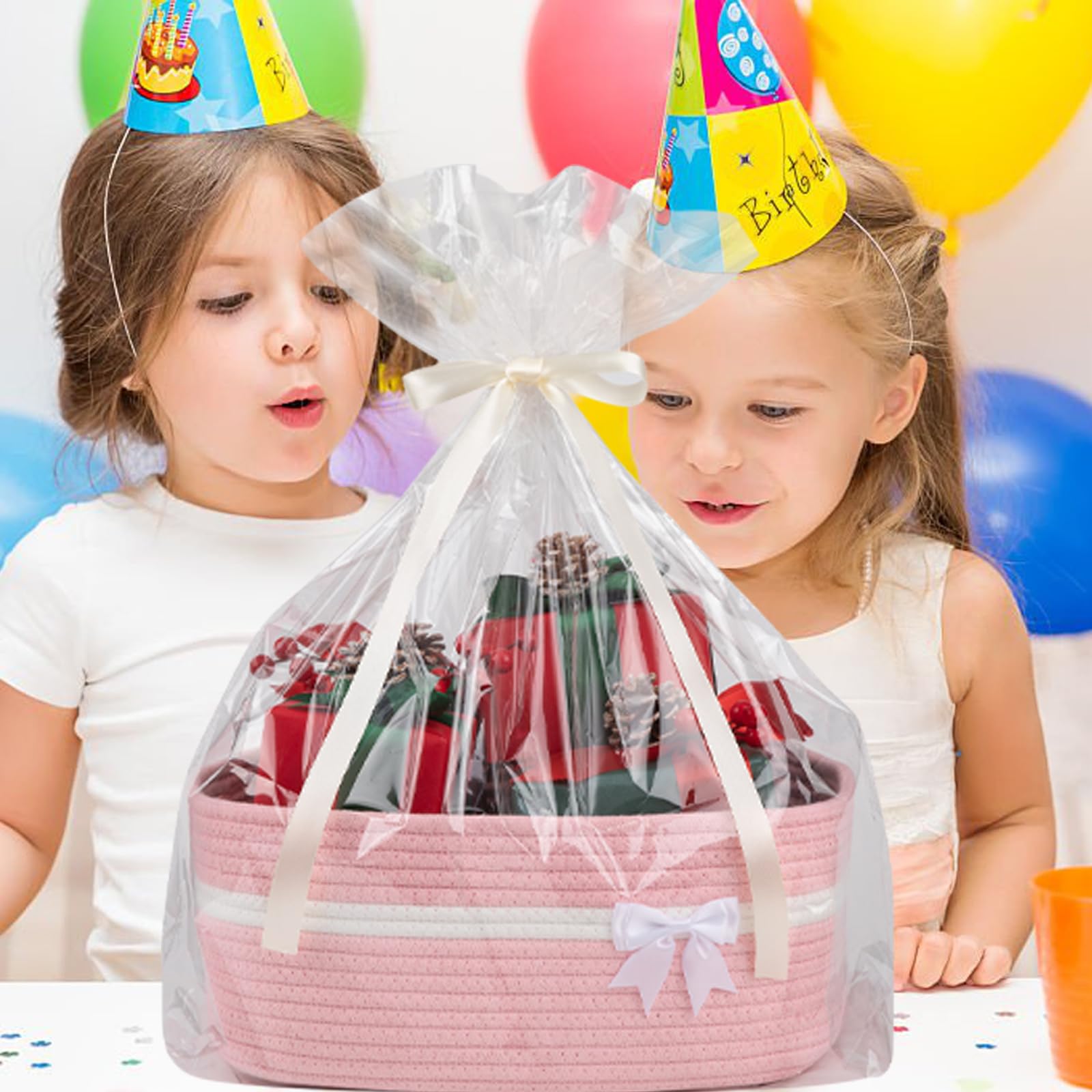 OIAHOMY - Cesta de almacenamiento tejida grande con asas para guardería, estantes de sala de estar, cesta de lazo para regalos vacía con bolsas de regalo y cintas para baby shower, contenedor de