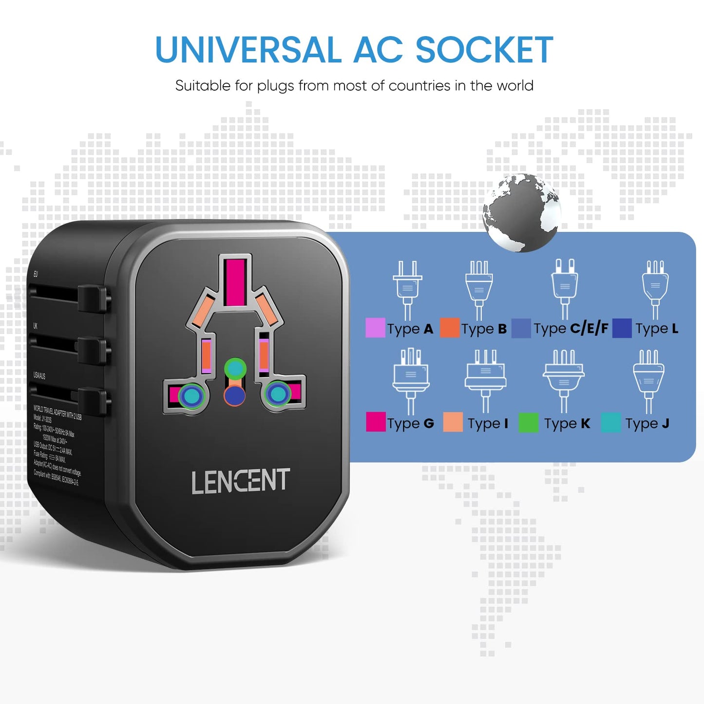 LENCENT Adaptador Enchufe de Viaje Universal, Cargador Internacional de 2 Puertos USB, Enchufe Tipo A/C/G/I para Más de 200 Países (EE. UU./Reino Unido/UE/Australia/Argentina/China), Negro