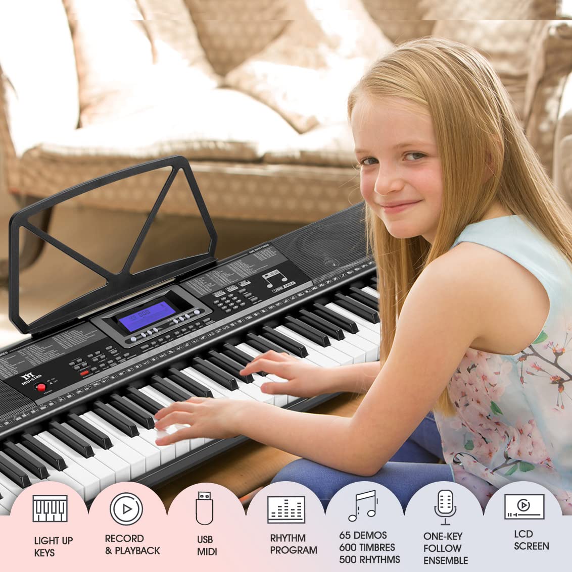Teclado de Piano Mustar MEKS-500 61 Teclas Iluminadas Eléctrico para Principiantes