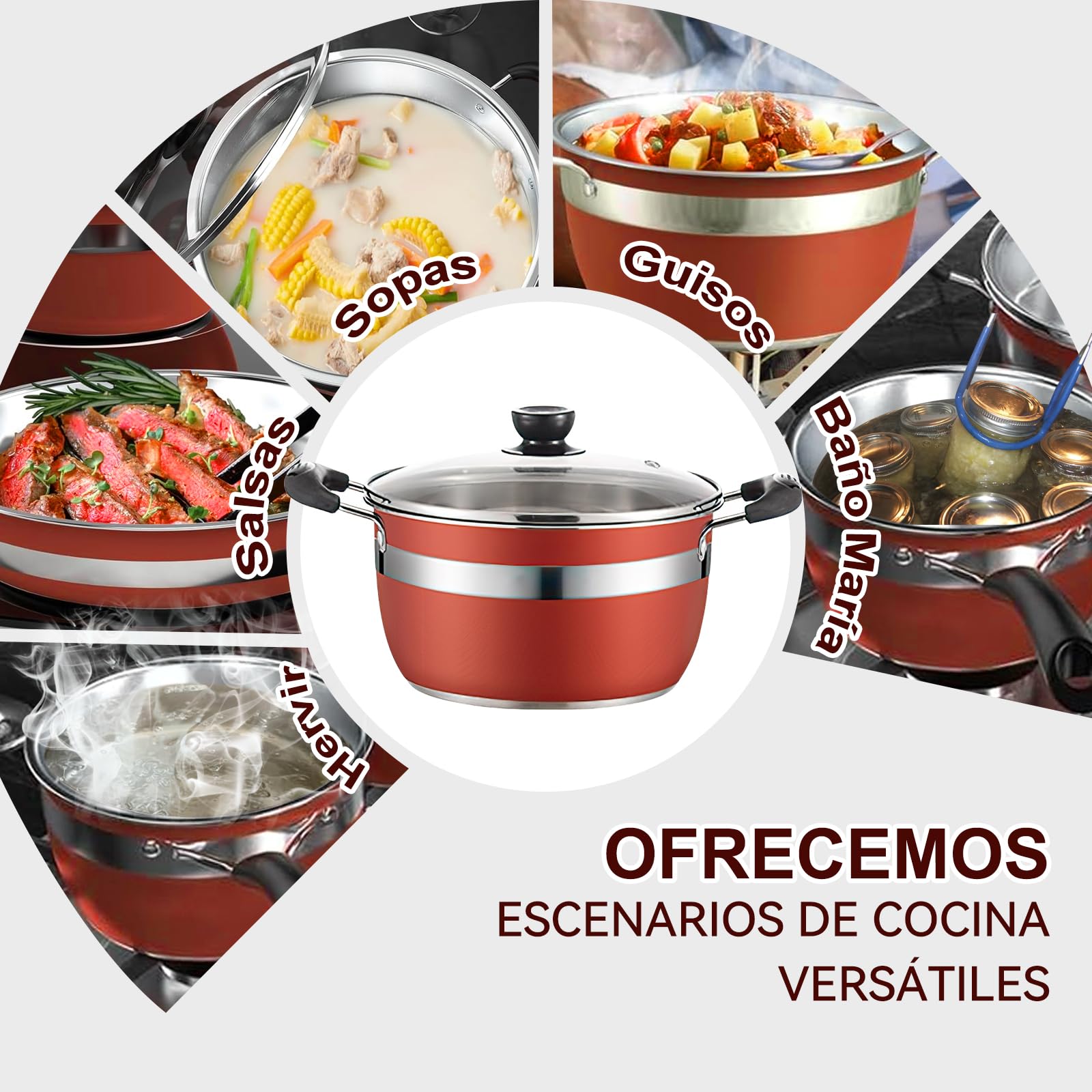 Batería de Cocina NOVRY rojo Antiadherente de Acero Inoxidable para Estufas de Inducción, Eléctricas y Gas 14 Piezas con Cuchillos