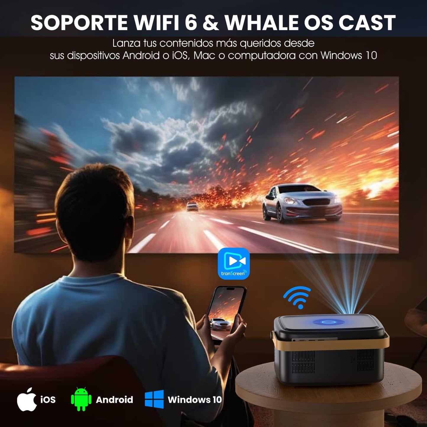 AOSO Proyector 4K 500ANSI, Portátil Proyectors para Cine en Casa con Sistema Android11, WiFi 6 & Bluetooth 5.2, 1080p Nativo, Compatible con Netflix y 10,000+ Apps, Ldeal para Ver Copa Mundial