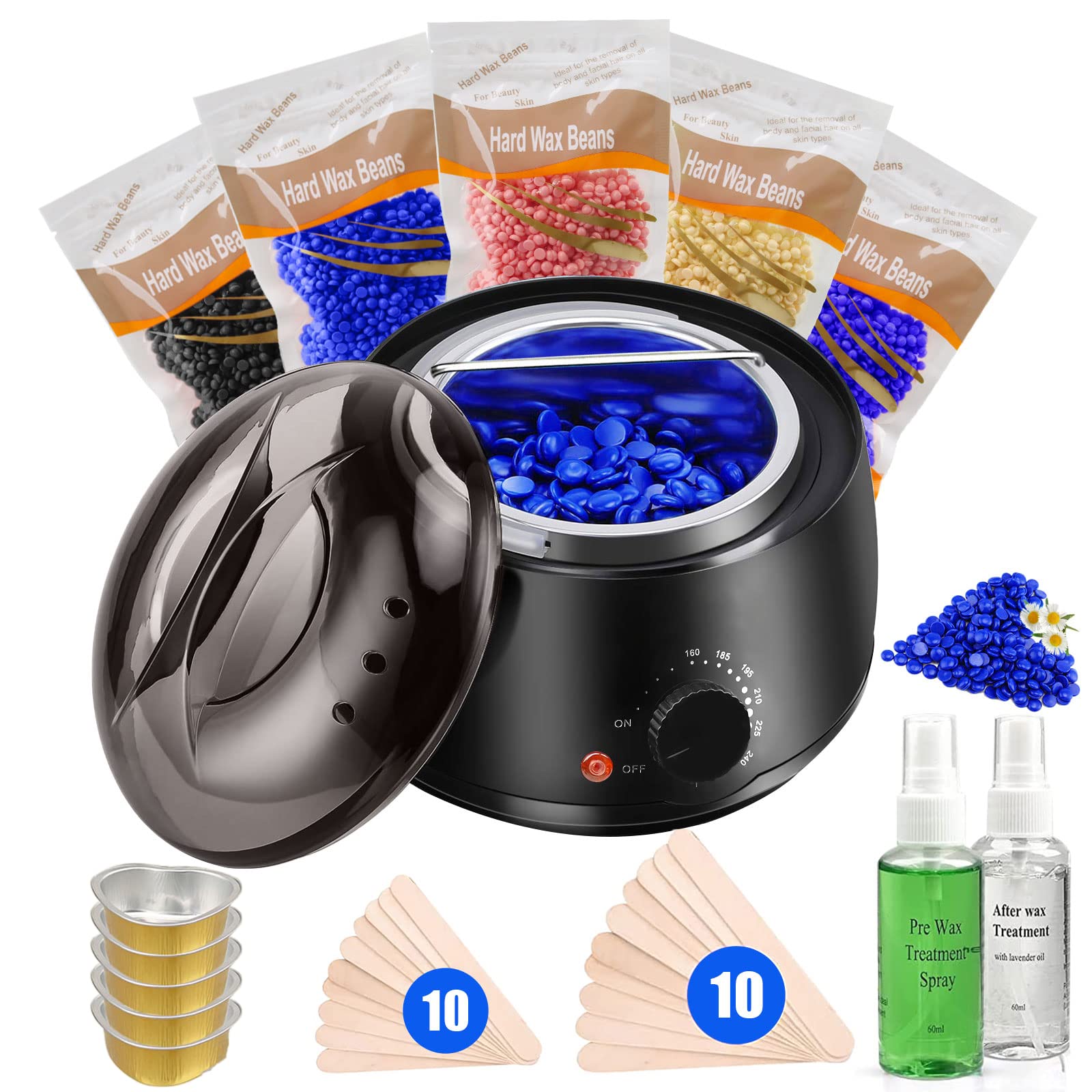 Cera para Depilar, Cera Depiladora con 500g Perlas de Cera Dura, Kit Cera Española para Depilar para Cejas | Bikini, Piernas, Axilas y Más, Calentador de Cera Eléctrico para Depilación con 20 Espátulas y 2 Frascos de Spray Tratante(Negro)