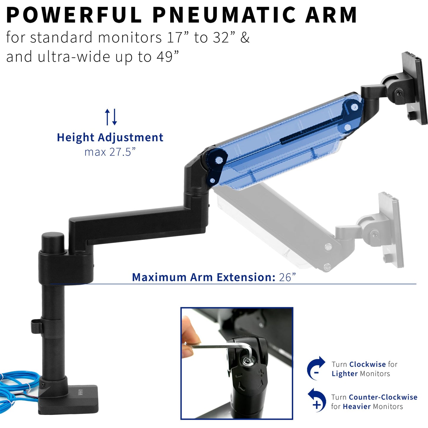 Brazo de Monitor de Aluminio Vivo Negro para Monitores Ultra Anchos 49 Pulgadas con Soporte USB y Ajuste Neumático
