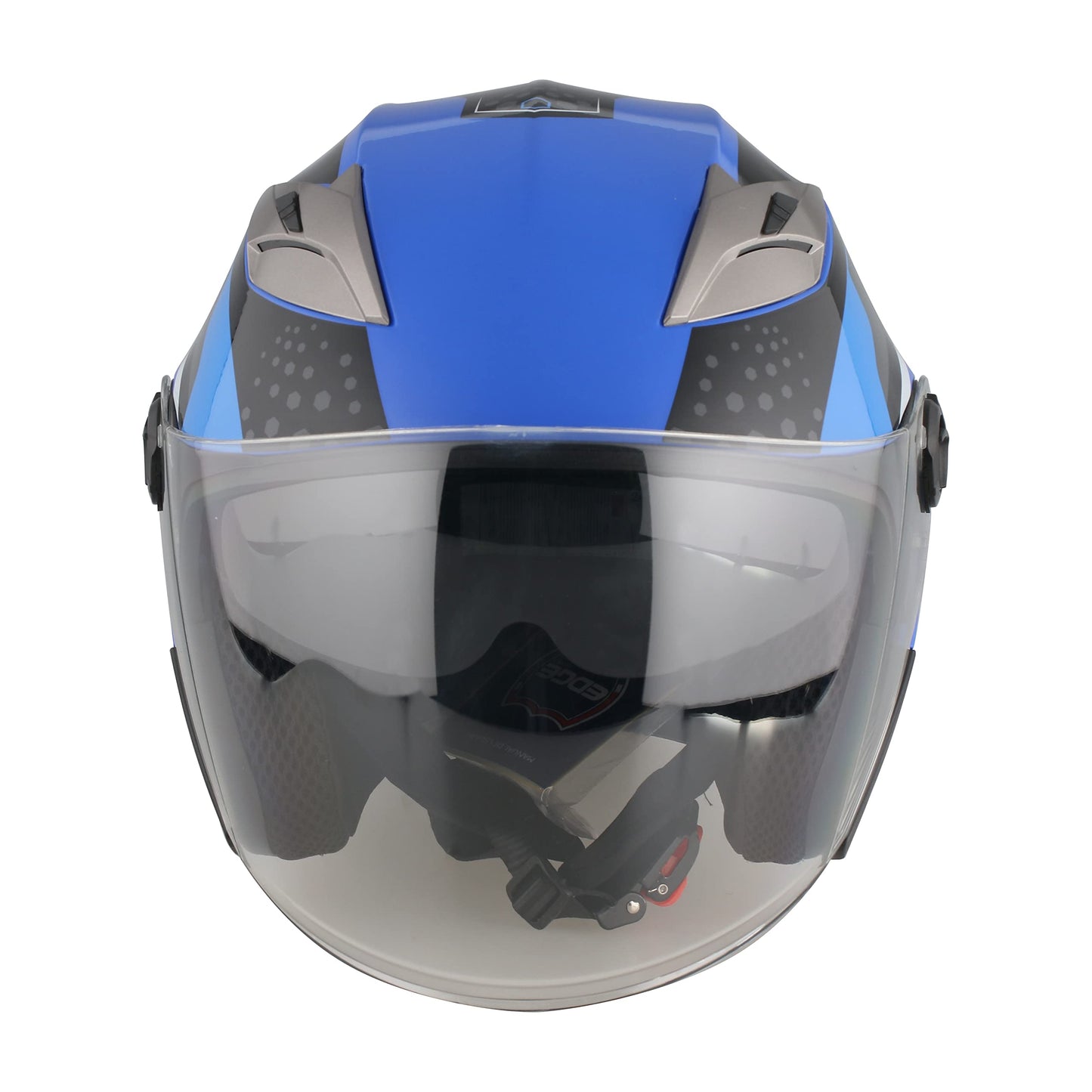 Casco Motocicleta Abierto Semi-Integral Marca Edge - Jaguar - Visor ANTIVAHO - Certificado Dot - Cascos Motocross Pegatina Pegatinas Protector Mujer Hombre (Azul Brillante, Large)