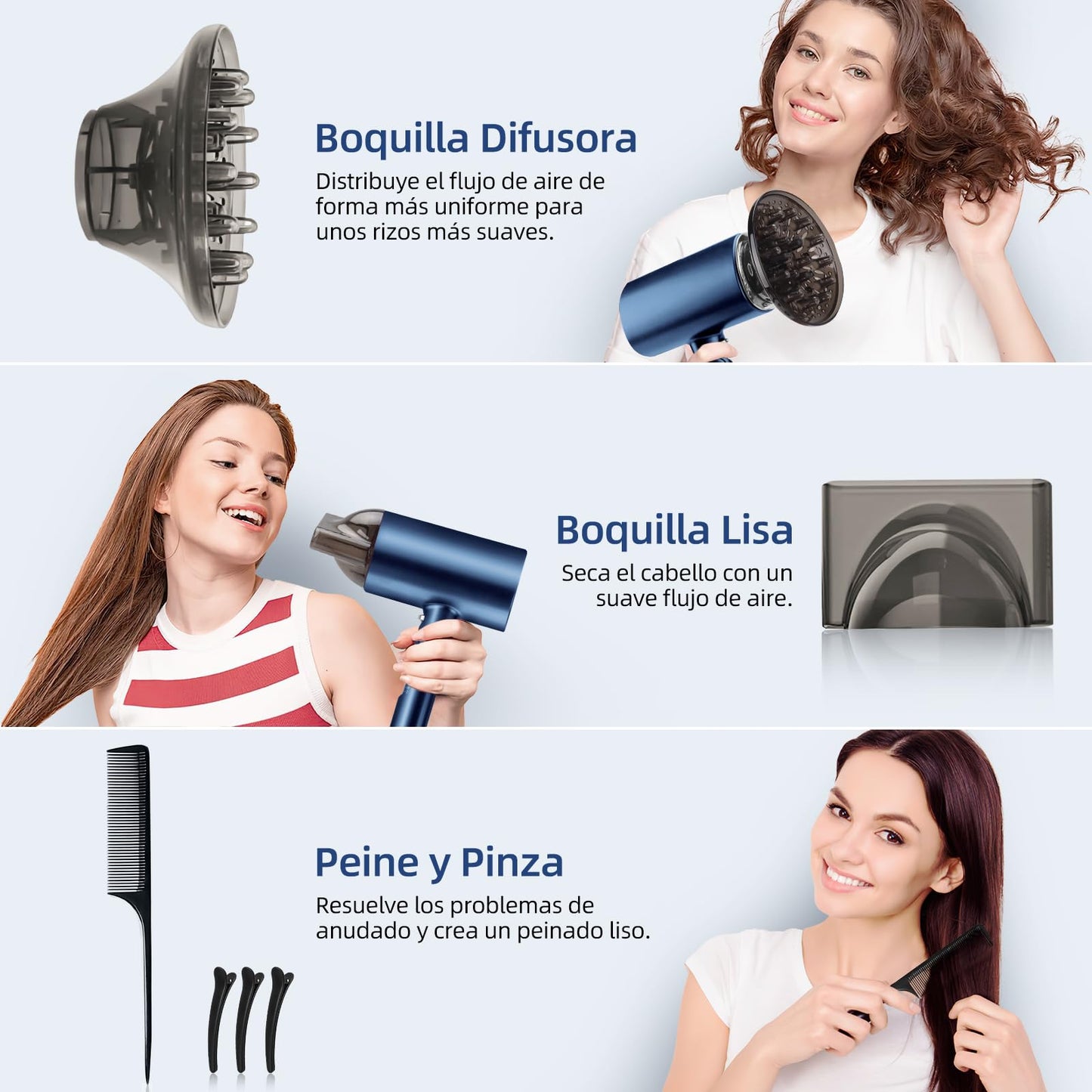 Secadora de Cabello,1800W Secadora para Cabello Profesional,3 Temperatura Ajustable,Ion Negativo,Secadora de Pelo Viaje Portatil y Plegable,Con Boquilla,Difusor,Peine y Pinza de Pelo,para Hogar,Salón