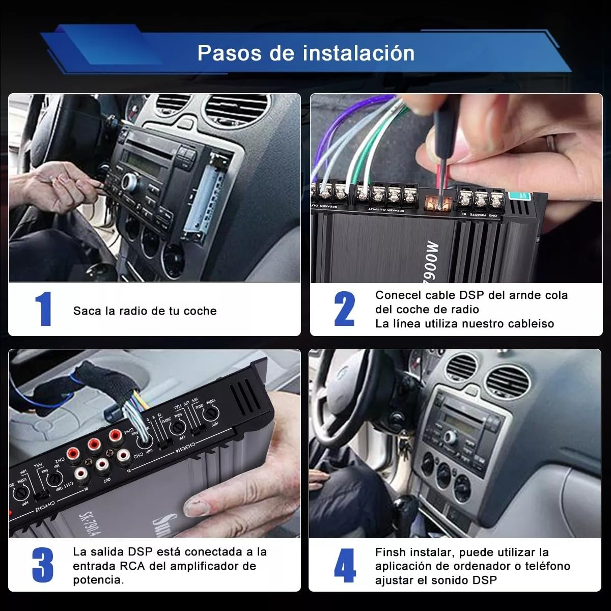Amplificador de Audio para Auto SK790 2 Ohm 120W x 4 Canales Clase A/B para Coche y Motocicleta