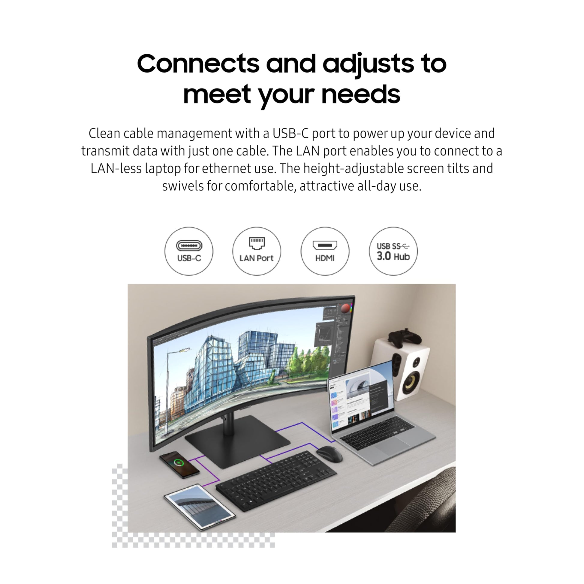 SAMSUNG Monitor de computadora curvado ViewFinity S65VC Series Ultra-WQHD de 34 pulgadas, 100Hz, AMD FreeSync, HDR10, USB-C, altavoz incorporado, cámara, interruptor KVM, cuidado de los ojos, embalaje