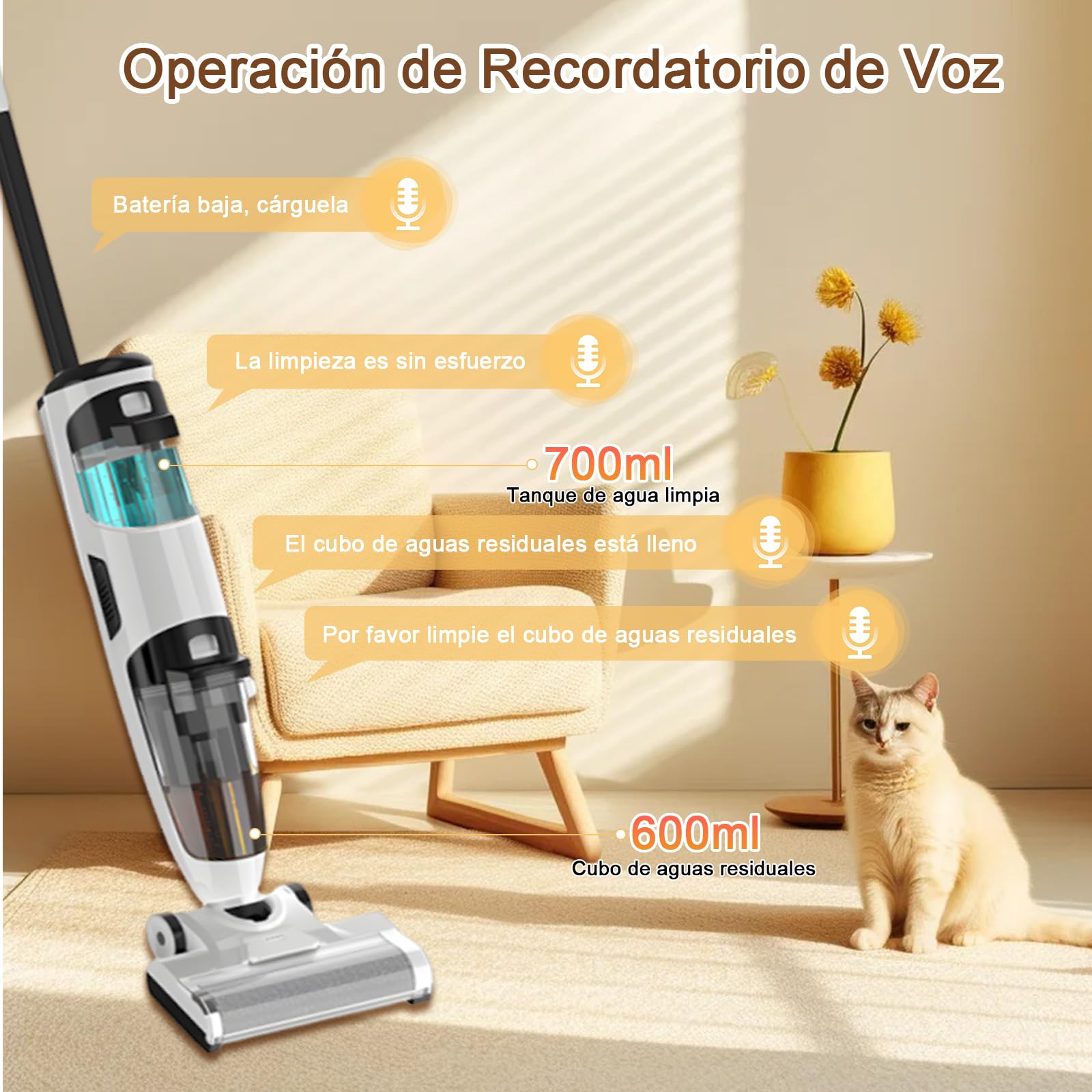 KOZFULE Aspiradoras en Seco y Húmedo 40KPa, con Sistema de Autolimpieza y Pantalla Táctil, 3 en 1 Mopa y Aspiradora Inalámbrica, 2 Niveles Ajustables, para Limpieza de Madera Dura, Azulejos, Mármol