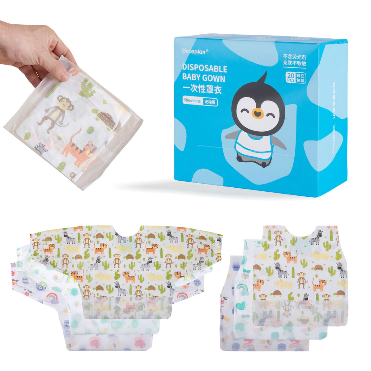 Onceplan - Vestido desechable para bebé, 10 piezas, paquete individual, babero de manga larga de 31.5 x 15.35 pulgadas, bata de bebé (vaca lechera azul, estilo de manga larga)