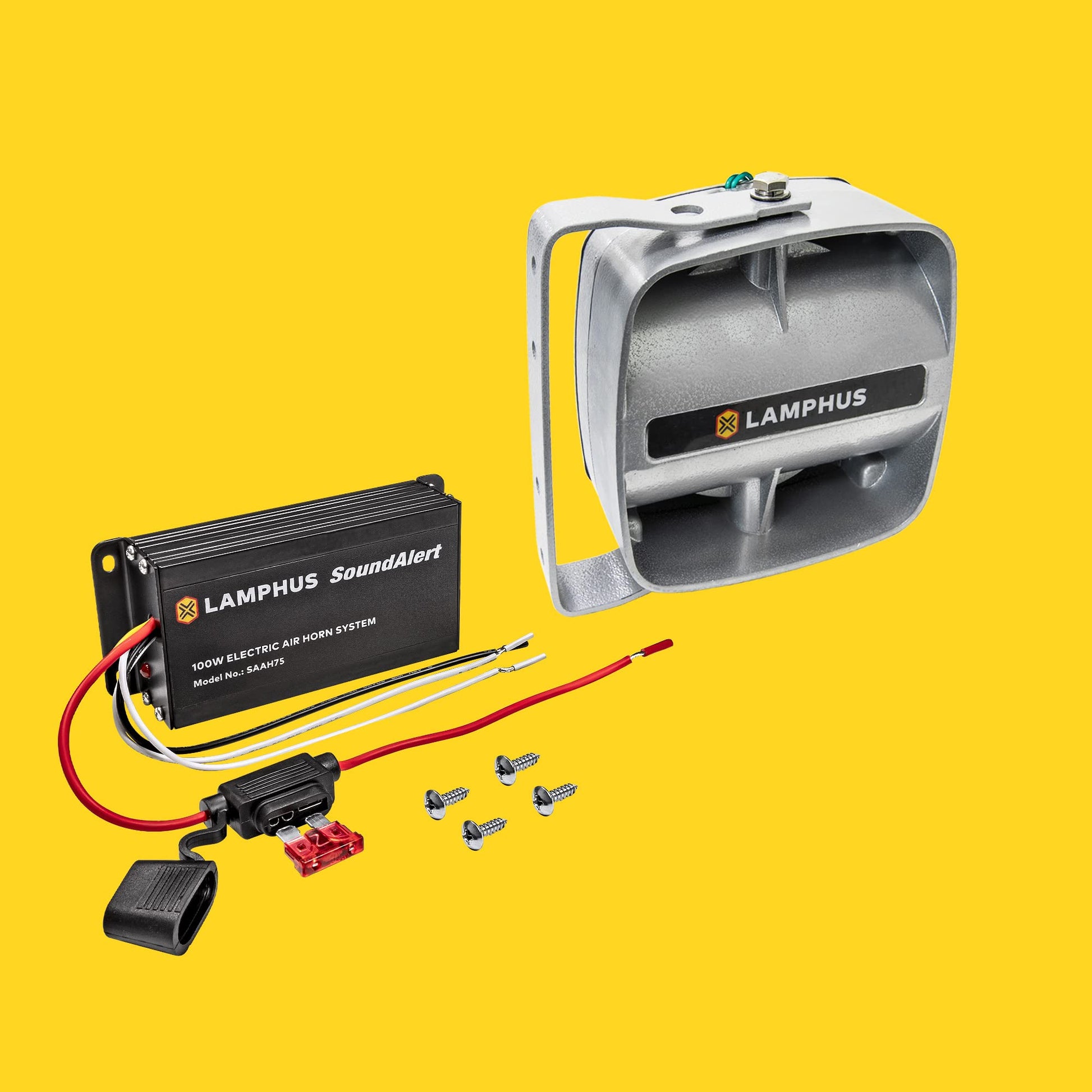LAMPHUS SoundAlert - Kit de amplificador de bocina de aire de policía de 100 W [altavoz compacto de 120 a 130 dB] [control manual o bybas] [fusible de 10 A protegido] Bocina de aire electrónica para