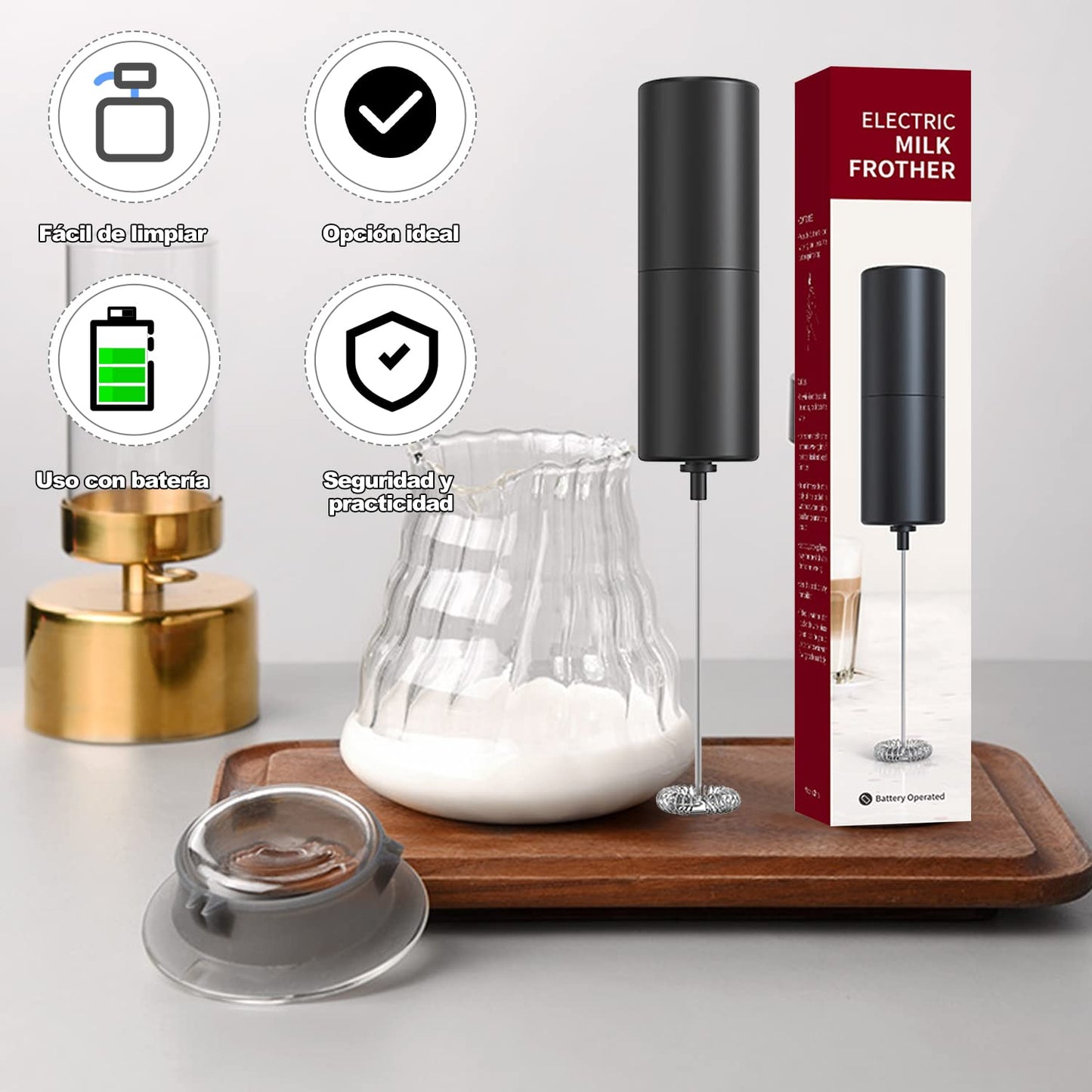Espumador de Leche Eléctrico de Acero Inoxidable Portátil para Lattes, Capuchino y Matcha