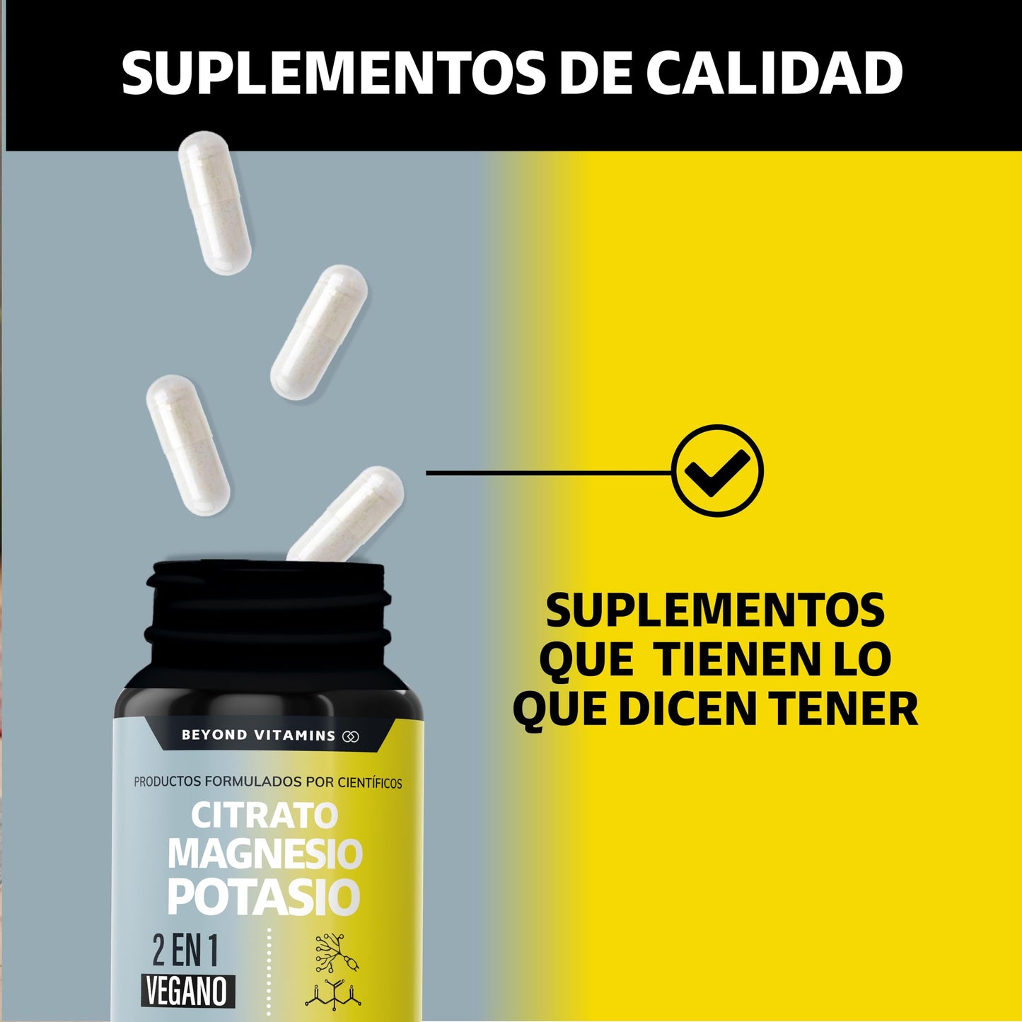 Citrato de Magnesio + Citrato de Potasio | 1334 mg de citrato de magnesio y citrato de potasio | Adicionados con Platano en Polvo, Curcuma y Arroz | Cápsulas sin rellenos | Vegano | Citrate Magnesium + Potassium Citrate-60 cápsulas