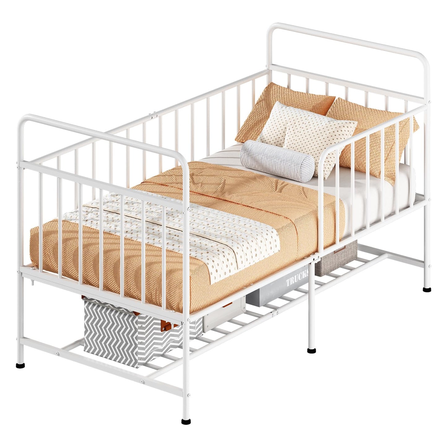 Uzelia Cuna Convertible para Bebé 4 en 1, Cuna para Bebé de Metal con Barandales de Seguridad, Cama Infantil, Daybed y Sofá para Niños, Estructura Resistente con Almacenamiento Inferior, Blanco