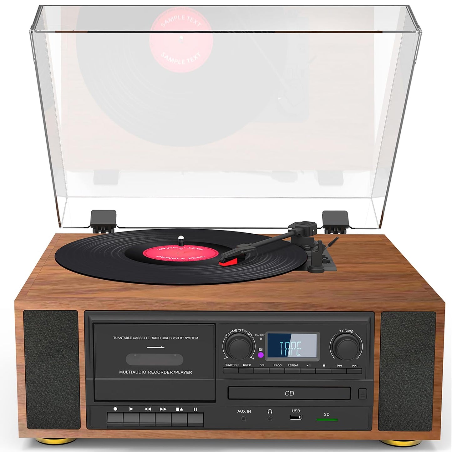 Boytone BT-38SM - Sistema de tocadiscos clásico Bluetooth, radio AM/FM, reproductor de CD/casete, 2 altavoces estéreo integrados, grabación de vinilo, radio y casete a MP3, ranura SD, USB, AUX.