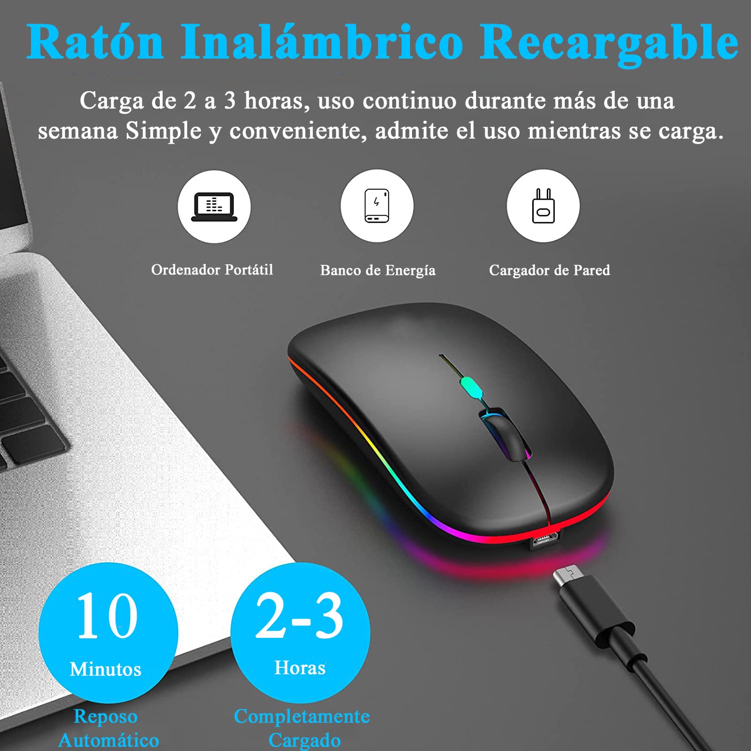 LED Mouse Inalámbrico Recargable, Fotgear Ratón Wireless 2.4G Ergonómico Wireless Ratón óptico Silencioso Click, con Receptor USB Adaptador, Ideal para Ordenadores Portátiles, Dispositivo Inteligentes