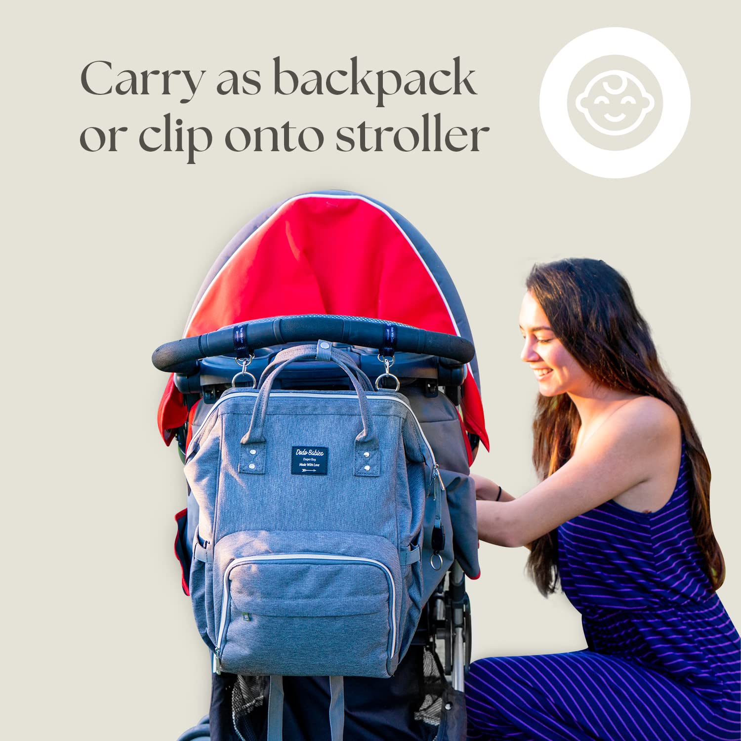 Dodo Babies - Juego de mochila para pañales – bolsillos aislados e impermeables – más dos clips para chupete, funda Binky y correas para carriola (azul/gris)