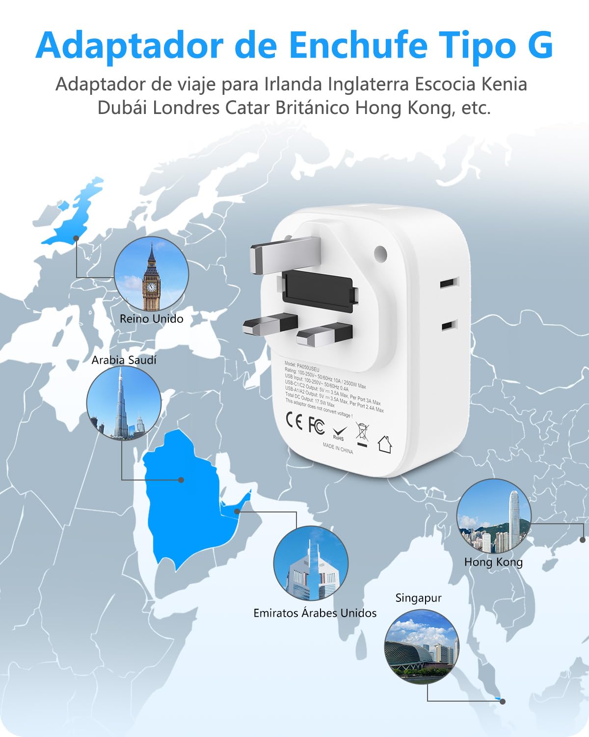 LENCENT Adaptador de Enchufe Inglés Tipo G con 4 Salidas CA, 2 USB-C y 2 USB-A - Cargador para Viaje de México a Reino Unido, Hong Kong, Irlanda, Dubái