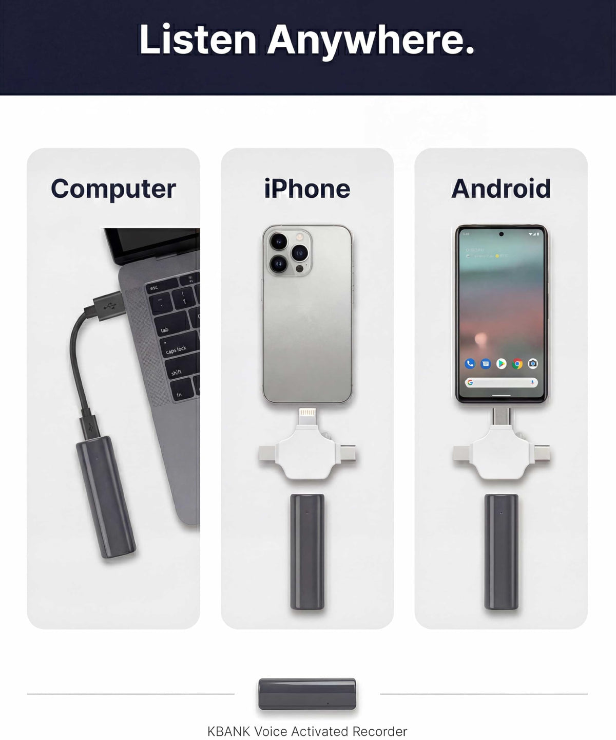 Grabadora de Audio Digital KBANK activada por Voz Negra con Sensibilidad Ajustable del Micrófono