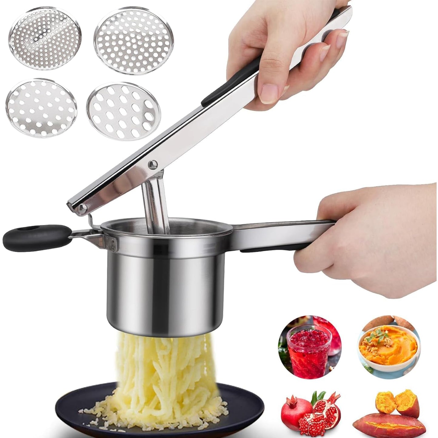 Kzings Aplastador de Papas Acero Inoxidable, con 4 Discos Intercambiables, Mango Ergonómico, Picador De Papas Y Frutas,Para Cocina En Casa
