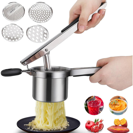Kzings Aplastador de Papas Acero Inoxidable, con 4 Discos Intercambiables, Mango Ergonómico, Picador De Papas Y Frutas,Para Cocina En Casa