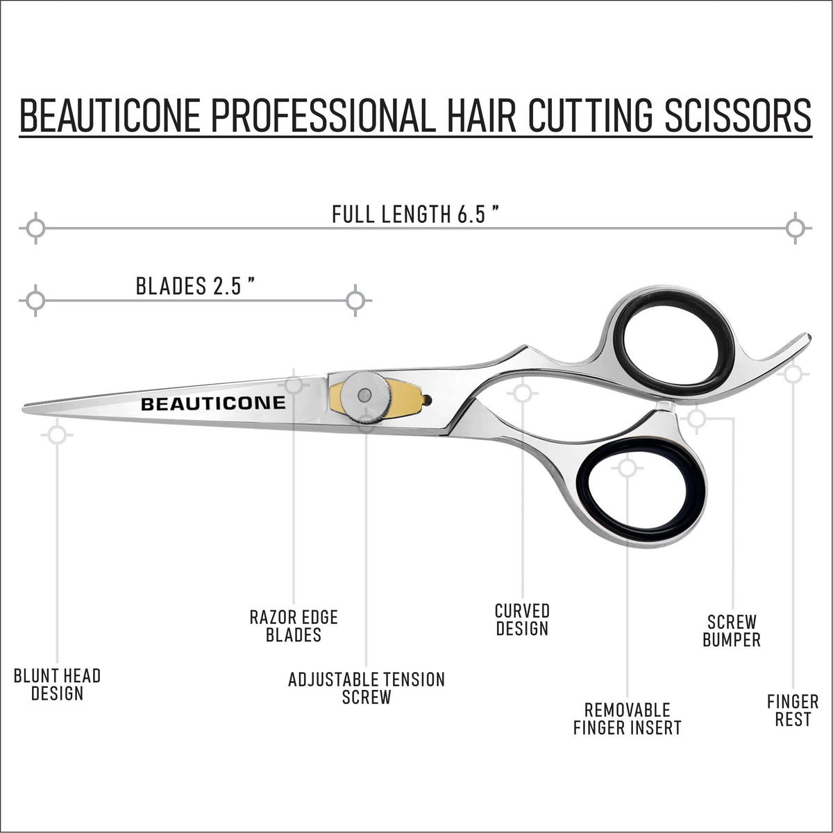 BEAUTICONE Hair Cutting Scissors | Professional Mirror Finish Stainless Steel Barber Scissors/Shears | Hairdressing Scissors | Smooth Razor & Sharp Edge Blades - Hair Scissors for Men/Women