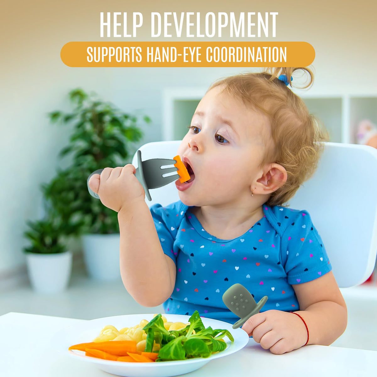 HippoBaby - Cucharas de silicona para bebé, 4 piezas, utensilios autoalimentables para bebé, 6-12 meses, 3 cucharas para bebé, 1 tenedor para bebé, juego de cubiertos para niños pequeños, sin BPA