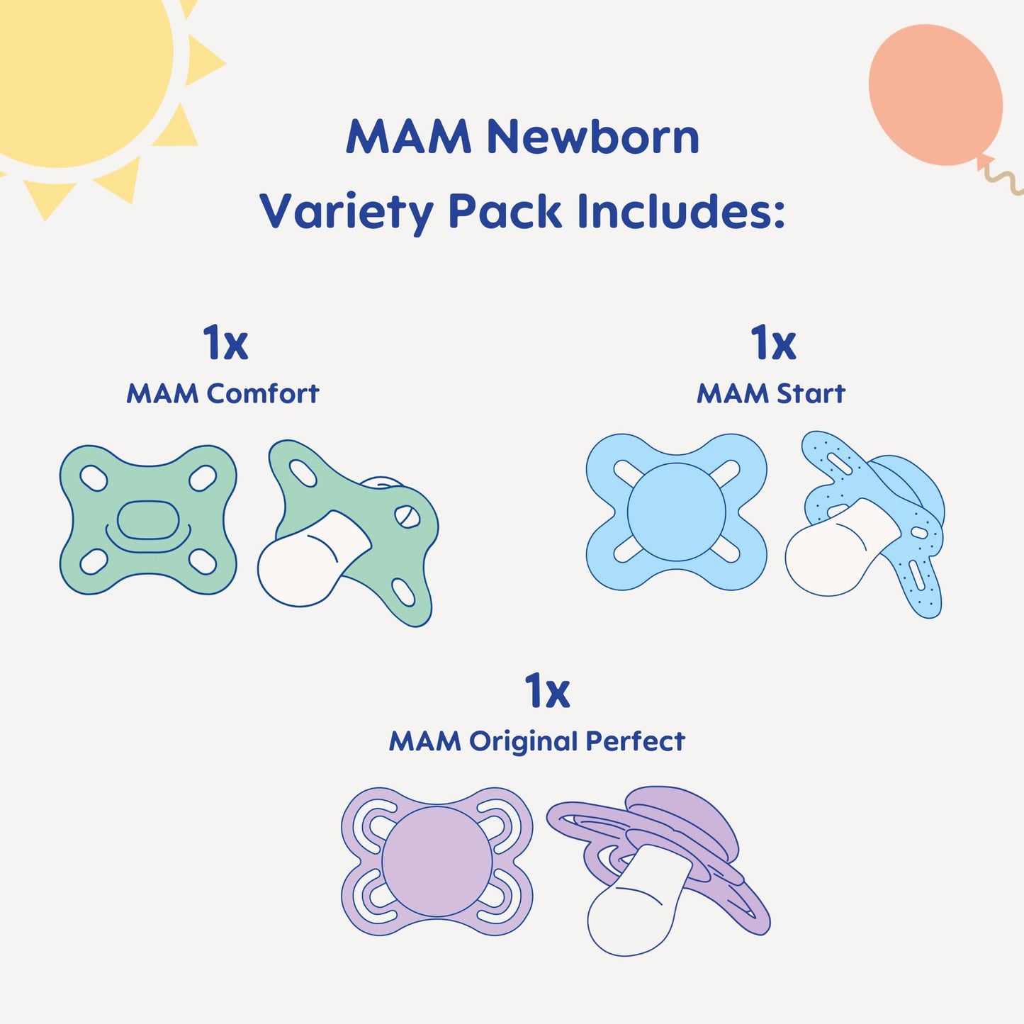 MAM Paquete variado de chupete recién nacido (1 comodidad, 1 inicio perfecto, 1 inicio original recién nacido), el mejor chupete para bebés amamantados, 0 a 3 meses, unisex, paquete de 3