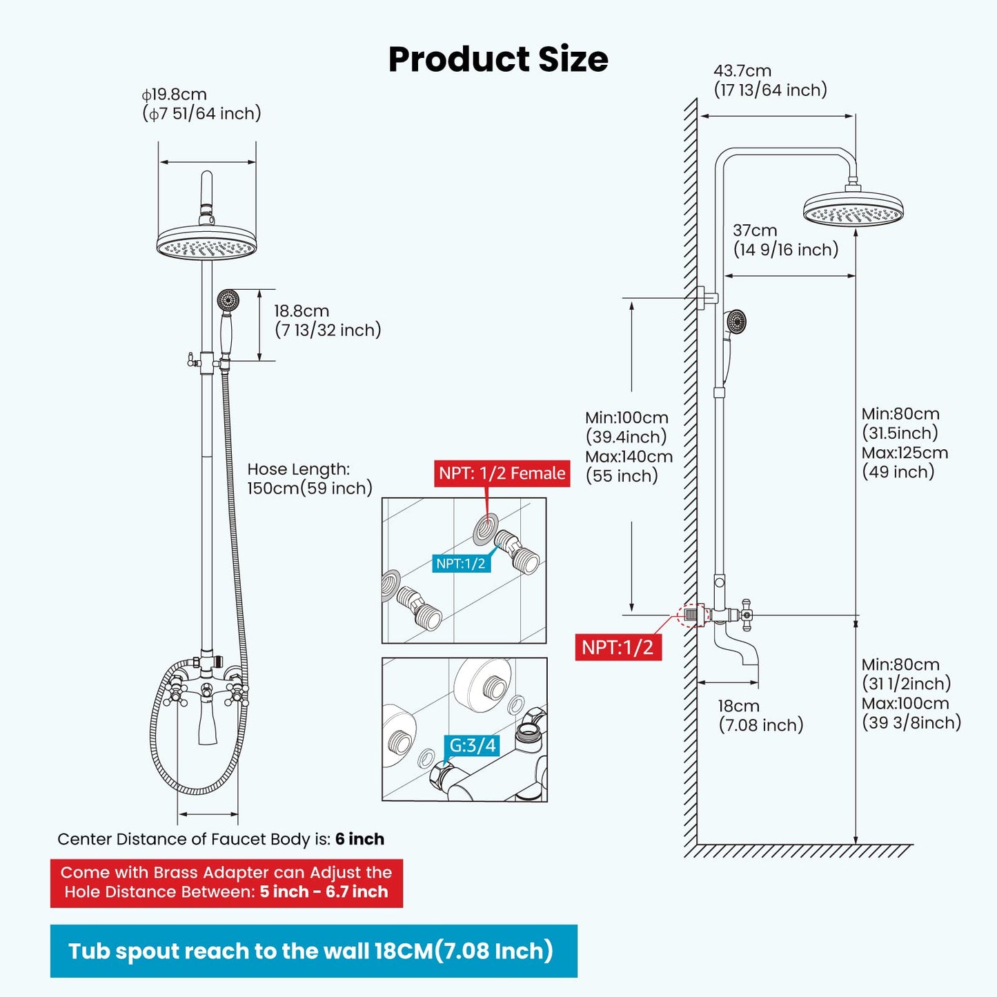 gotonovo - llave de ducha de baño, mezclador de lluvia redondo de 8 pulgadas, doble asa cruzada con boquilla para tina, montaje en pared, accesorios de ducha de baño, pulverizador de mano de metal de