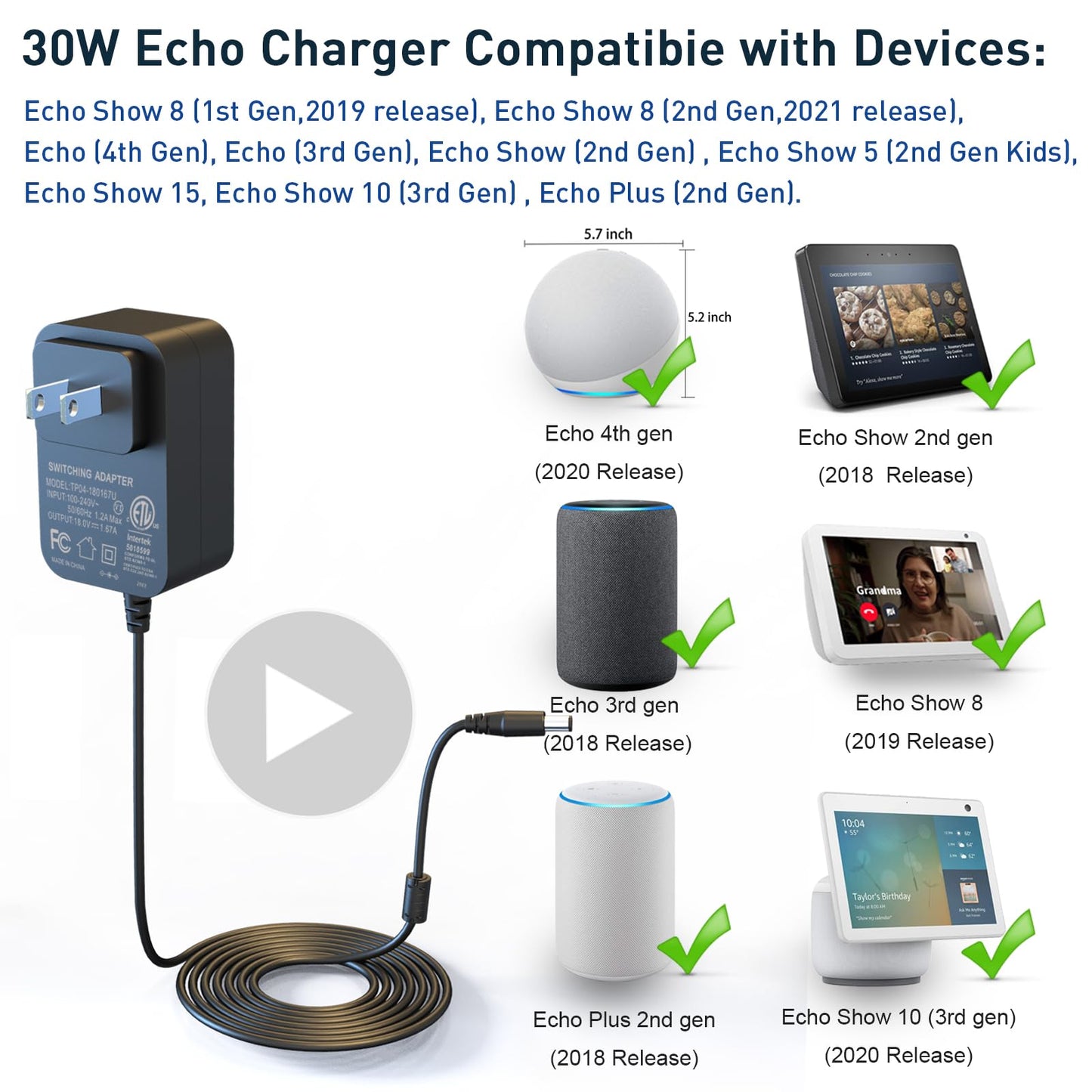 HY1C 30W Cable de alimentación de para 30W Adaptador de alimentación de Amazon Alexa de para Echo (3.ª y 4.ª Gen), Echo Show 8, Echo Show (2.ª Gen), Echo Show 10 (3.ª Gen), Echo Plus (2.ª Gen)