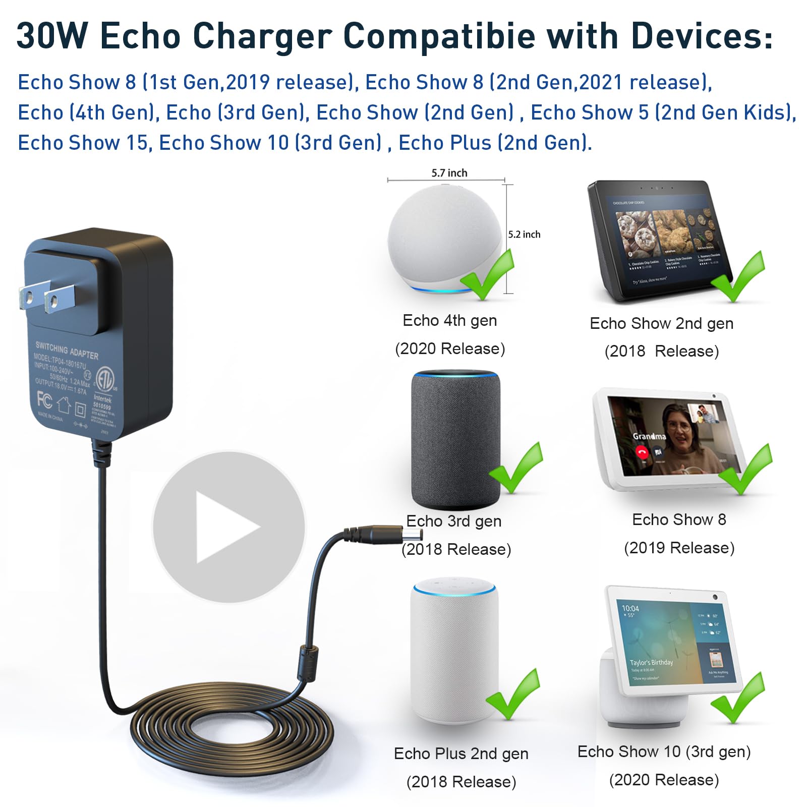 HY1C 30W Cable de alimentación de para 30W Adaptador de alimentación de Amazon Alexa de para Echo (3.ª y 4.ª Gen), Echo Show 8, Echo Show (2.ª Gen), Echo Show 10 (3.ª Gen), Echo Plus (2.ª Gen)