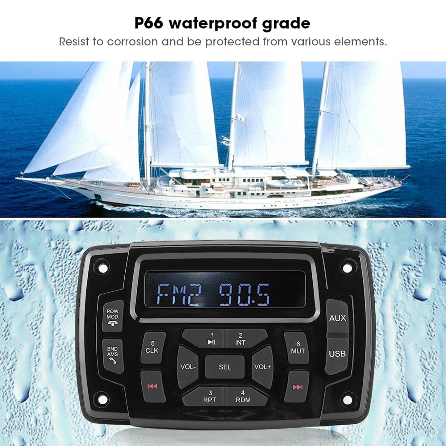 Radio Estéreo Marina, Bluetooth FM AM Receptor Estéreo Marino Reproductor de MP3, IP66 Receptor de Barco de 12v Impermeable/Resistente a la Intemperie con LCD Digital, Receptor Centro Multimedia