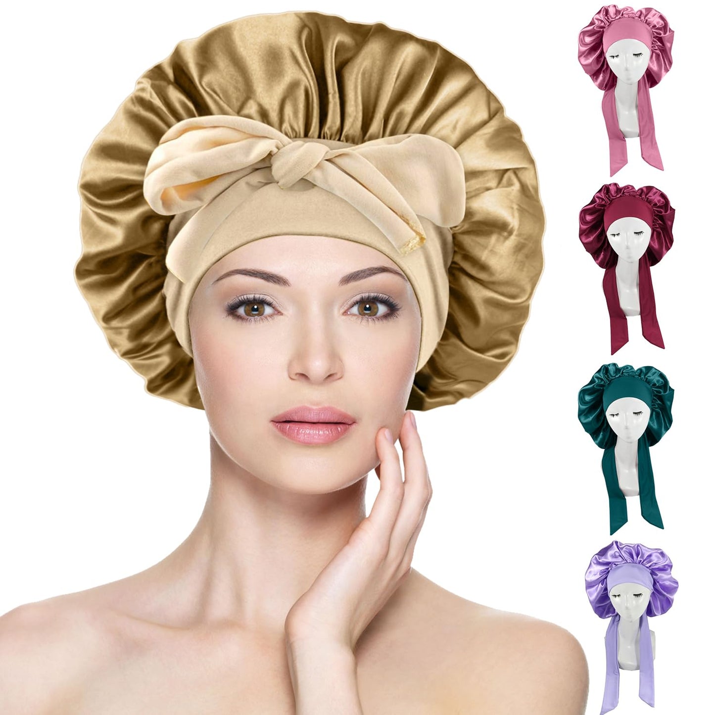 Gorro de Seda para Dormir, Para El Cabello Largo Bonnet Ajustable para Mujer，capó ajustable de satén，Capos grandes de seda satinada para dormir con correa de corbata, Adecuado para Dormir, Bañarse