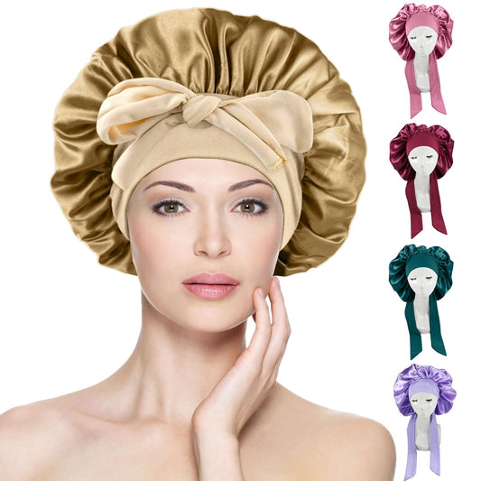 Gorro de Seda para Dormir, Para El Cabello Largo Bonnet Ajustable para Mujer，capó ajustable de satén，Capos grandes de seda satinada para dormir con correa de corbata, Adecuado para Dormir, Bañarse