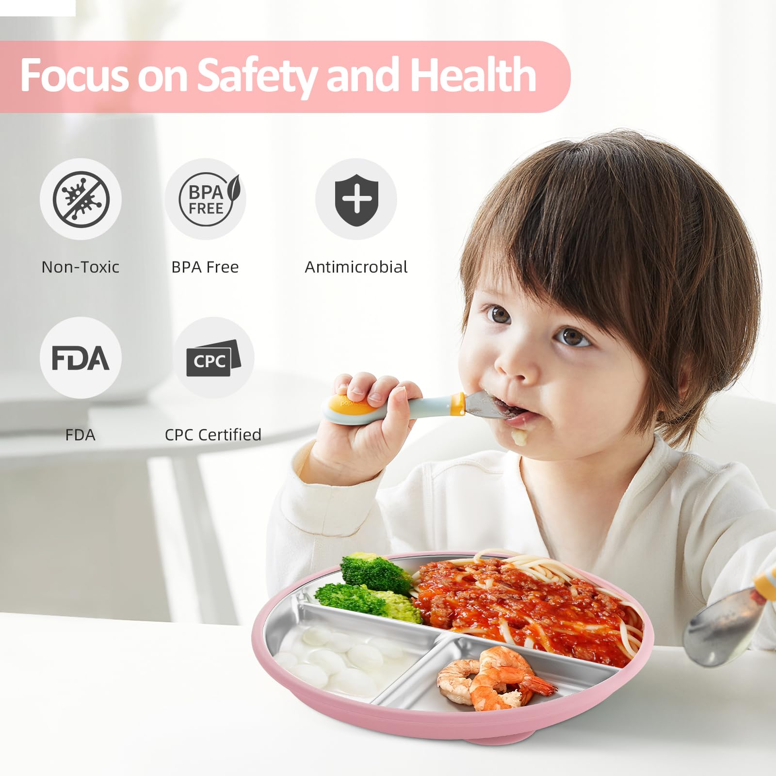 Bakpoco - Placas de succión de acero inoxidable para niños pequeños, platos divididos de 9 pulgadas con succión de silicona extraíble, no tóxicos, antideslizantes, para control de porciones, 4