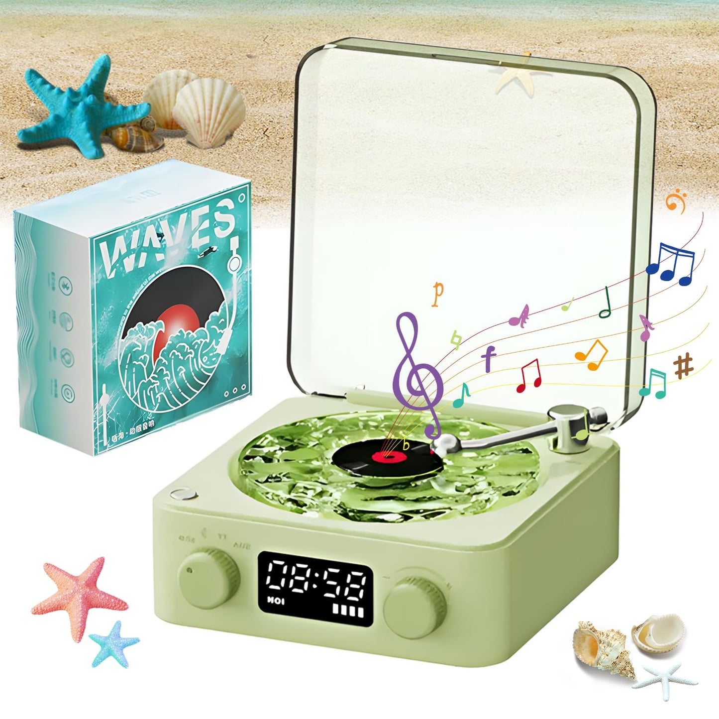 YRHDYU Reproductor de Vinilos, Tocadiscos Bluetooth con Luz Nocturna y Visualización de La Hora, Bocina Tocadiscos Bluetooth Vinilo Waves Recargable, Mini Altavoces Portátiles (Verde)
