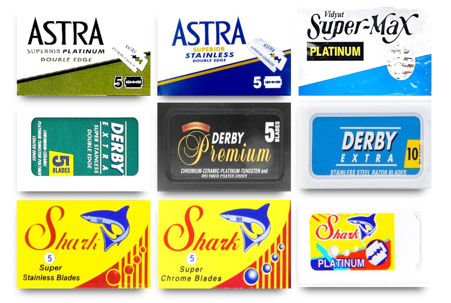 Astra-Derby-Shark-Rubie 50 cuchillas de afeitar de doble filo (9 marcas diferentes)