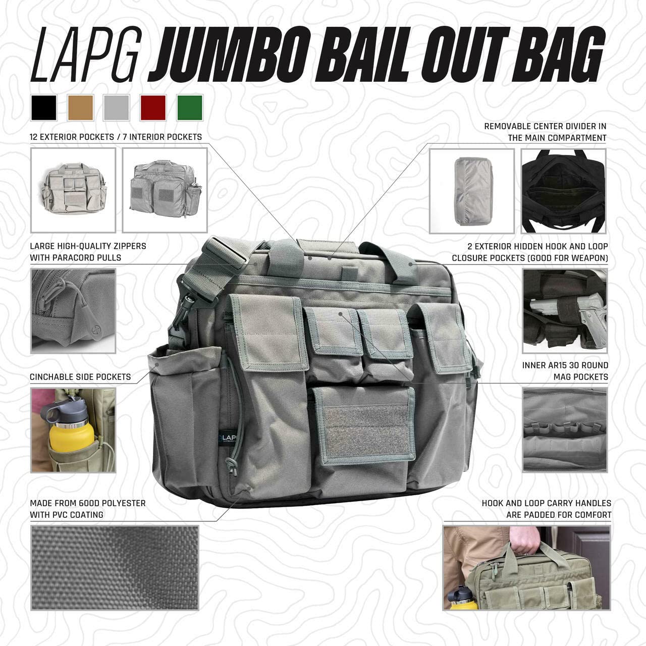 LAPG Bolsa de campaña Jumbo para equipo de supervivencia, múltiples bolsillos, bolsa multifuncional para equipo de senderismo, Granate, 20" x 15" x 11"