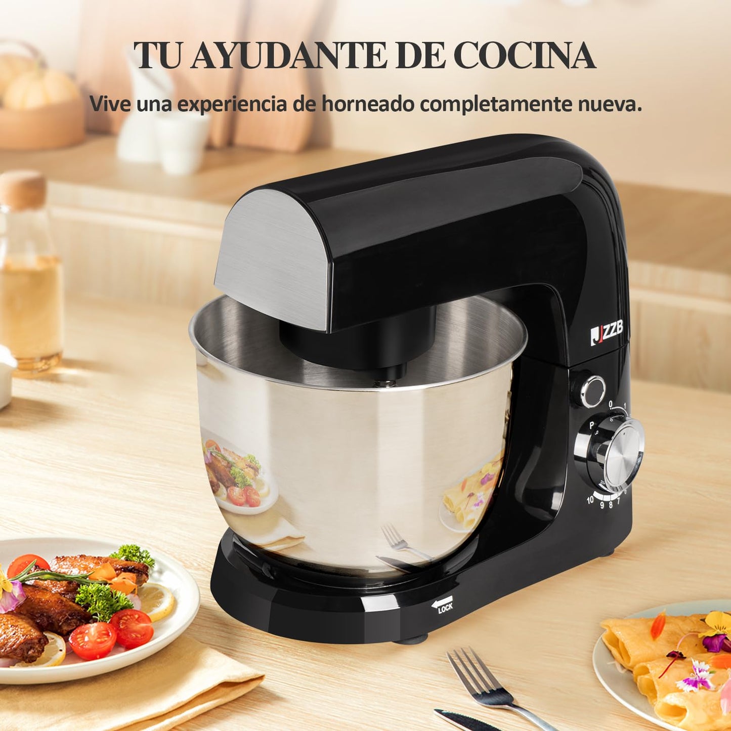 Batidora de Pedestal JZZB Negra de 10 Velocidades con 6 Accesorios para Repostería y Panadería en el Hogar